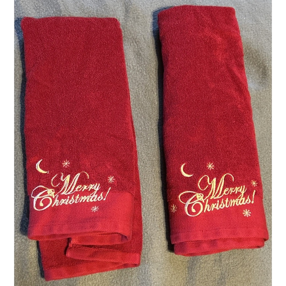 Merry Christmas Red Hand Towels Gold Letters 100% Cotton Fingertip QIBHI 27"x15"